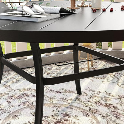 VICLLAX Patio Dining Set for 8, Outdoor Furniture Set Includes 53" Round Patio Table and 8 Patio Sling Chairs, Black Tabletop and Blue Fabric