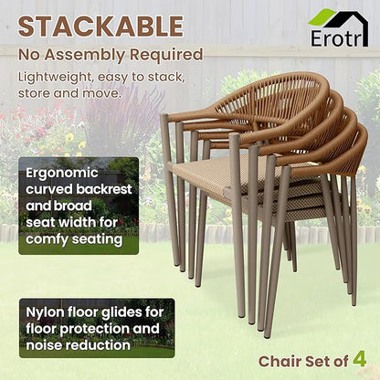 4 Pcs Stackable Patio Dining Chairs, Aluminum Rattan Outdoor Dining Chair with Arms, Woven Rope Garden Armchair Metal No Assembly for Bistro Balcony Porch Deck Yard Cafe Restaurant, Light Brown