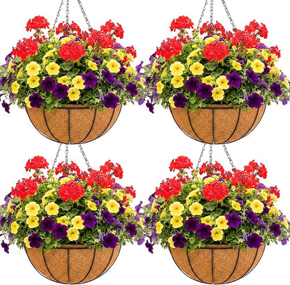 12 inch Metal Hanging Baskets For Plants Outdoor 4 Pack Round Metal Wire Hanging Basket Planter with Coco Fiber Liners Chain Round Wire Plant Holder for Garden, Patio, Deck, Porch Plants Flower Potss