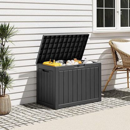 Outdoor Storage Box, Resin Deck Boxes Indoor and outdoor, Waterproof Storage Box Lockable Lid (Black, 45 Gallon)