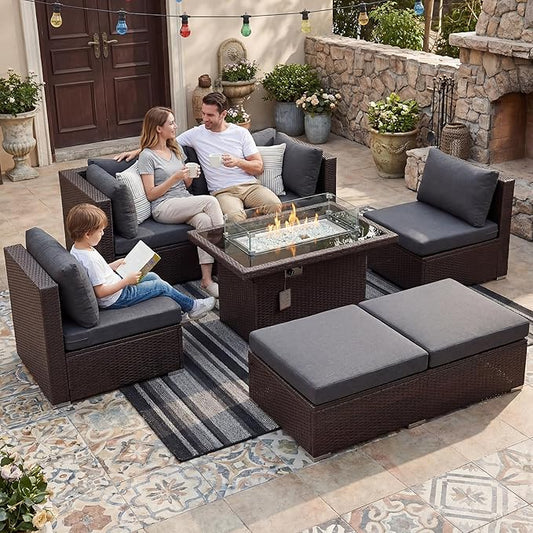 NICESOUL Extra Large Size Patio Furniture Set with Firepit Natural Gas/Propane, 6 Seater Modern Luxury Outdoor Sofa Set, 29.3'' High Backrest Backyard Sitting, Brown Rattan and Dark Grey Cushion