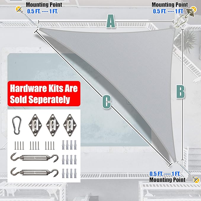 Amgo Custom Size 6' x 11' x 12.5' Gray Right Triangle Sun Shade Sail UPF50+ AGTAPRT12, Order to Make Canopy Awning, 95% UV Blockage, Water & Air Permeable, Commercial Standard (We Customize)
