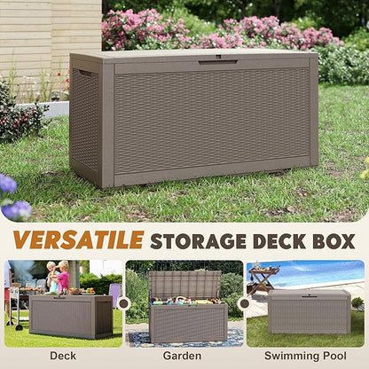 Outdoor Storage Box, Resin Deck Boxes Indoor and outdoor, Waterproof Storage Box Lockable Lid (Grey, 101 Gallon)