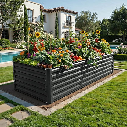 YITAHOME 8x4x2ft Large Raised Garden Bed Kit, Galvanized Metal Planter Box with Gloves, Ground Nails, Support Rod & Safety Rubber, Outdoor Above Ground Planters for Plants Vegetables Flowers, Black