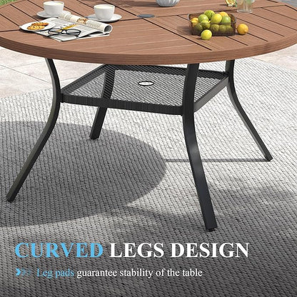 VICLLAX Patio Table and Chair Set of 6, All Weather Metal Round Outdoor Dining Furniture Set-47 Round Outdoor Table and Chairs, Walnut Wood Grain Tabletop
