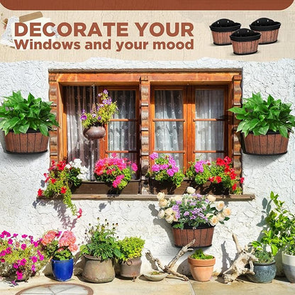 Layhit 6 Pcs Wall Hanging Planters Outdoor Pot Planter Wine Barrel Planter Distressed Oak Thickened Plastic Water Storage Flower Pots for Flower Indoor Outdoor(12 Inches,Brown)