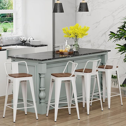 Yongchuang 26 inch Metal Bar Stools Set of 4 Counter Height Barstools Farmhouse Kitchen Bar Chairs with Wood Seat Low Back Cream White