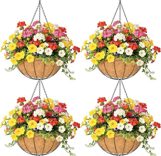 4 Pack 14 Inch Hanging Baskets for Plants Outdoor Metal Hanging Planter Hanging Flower Baskets with Coco Fiber Liners Chain Round Wire Plant Holder Hanging Flower Pots(Watermelon)