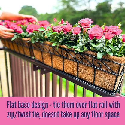 LaLaGreen Wall Mounted Planters - 24 Inch, 4 Pack Window Flower Boxes Basket Outdoor, Balcony Planter Over The Rail, Deck Railing Hanging with Coco Liners, Metal Horse Troughs Fence Patio Porch