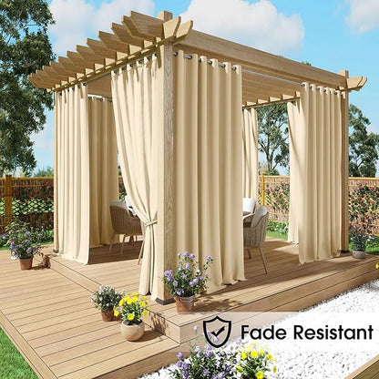 NICETOWN Fade Resistant Outdoor Curtains 2 Panels, Lightfastness Grade 4 Longlasting Waterproof Sun Blocking Thermal Insulated Draperies for Patio, Gazebo, Biscotti Beige, W52 x L96 Inch per Panel