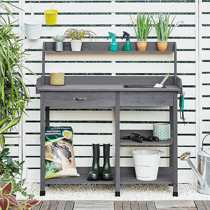 Yaheetech Outdoor Potting Bench Table Potters Benches Garden Workstation for Horticulture with Drawer/Adjustable Shelf Rack/Removable Sink/Hooks/Pads, Gray