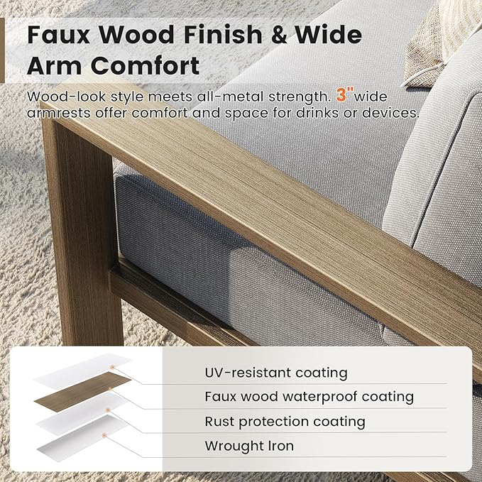 UDPATIO 6 Piece Patio Furniture Set, Faux Wood Metal Outdoor Sectional Sofa with 6" Thick Olefin Cushions, Wide Armrest & Coffee Table, L Shaped Outdoor Furniture for Garden, Backyard Dark Grey