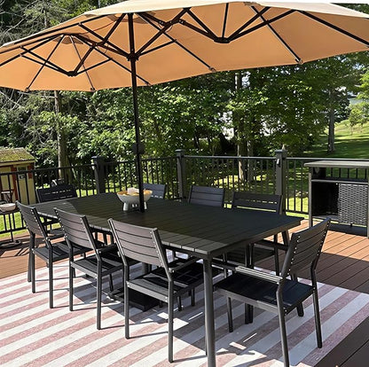 83" Patio Outdoor Dining Table for 6-8, Weather-Resistant Wood-Grain Top with Aluminum Frame & Umbrella Hole for Deck Gatherings, Black