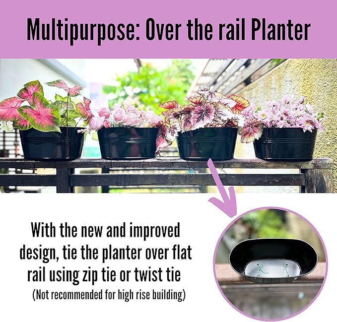 LaLaGreen Rail Planter Outdoor Plants(3 Pack, 11.8 Inch) Black Metal Iron Hanging Flower Pots Deck Railings Fence Buckets Modern Countryside Boho Style Wall Mount Window Box Plant Holder Porch Decor