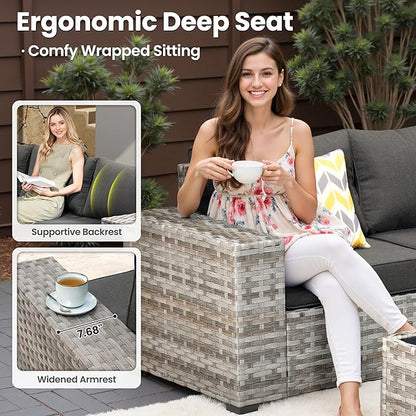 ovios 6 Pieces Patio Furniture Set, Outdoor Wicker Sectional Sofa with Glass Table Comfy Cushions, Modern Modular Deep Seat Couch Rattan Conversation Set, Black