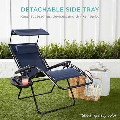 Best Choice Products Folding Zero Gravity Outdoor Recliner Patio Lounge Chair w/Adjustable Canopy Shade, Headrest, Side Accessory Tray, Textilene Mesh - Snow
