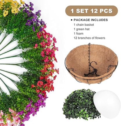 Artificial Faux Hanging Plants Flowers Basket for Outdoors Spring Summer Decoration,Hanging Planters with Fake Silk Flowers UV Resistant Realistic for Outside Porch Patio Balcony Garden （6 Multicolor）