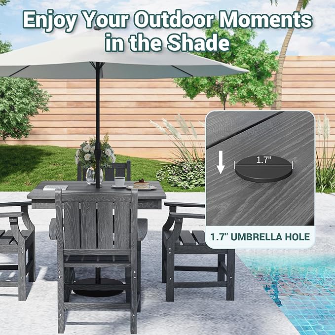 Pamapic 5 PCS Outdoor Dining Set, Spacious HDPE Outdoor Table and Chairs, Wood Grain Patio Furniture Sets with Elegant Armrest, All-Weather Patio Dining Table with Umbrella Hole, Gray
