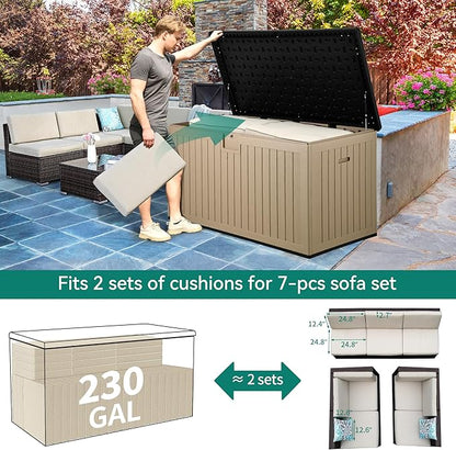 YITAHOME XXL 230 Gallon Large Deck Box,Outdoor Storage for Patio Furniture Cushions,Garden Tools and Pool Equipment with Flexible Divider,Waterproof,Lockable (Black&Brown)