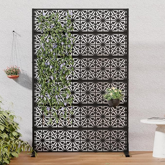 Casaphoria Metal Privacy Screen Outdoor, 72" H x 47" W Freestanding Decorative Privacy Screen for Patio Deck Balcony Garden with Stable Base, Black-Gene