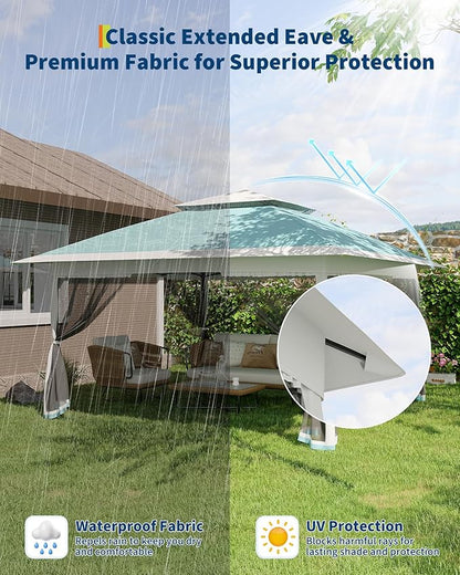 Canopy Tent 12x12 ft, Pop Up Gazebo One-Push Setup with 4 SandBags for Backyard Parties and BBQs, Mosquito Netting & Height Adjustable - Lake Blue