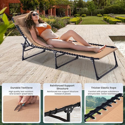 Folding Chaise Lounge Chair - 400lb Capacity, 5-Position Adjustable Recliner with Pillow | Portable for Patio, Pool, Camping & Sunbathing (Beige)