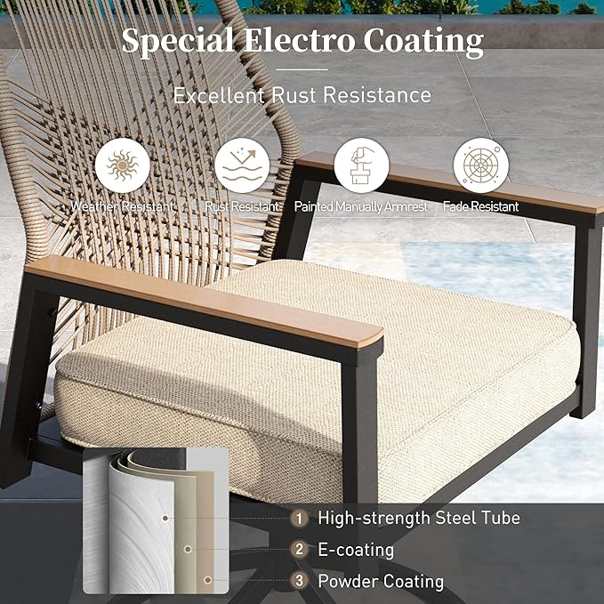 Patio Dining Set 9 Piece, 8 x Woven Rattan Swivel Chairs with Waterproof Cushion, 60" Square Wood-Like Metal Table with Umbrella Hole, Outdoor Table and Chairs Set for Backyard Lawn and Deck, Beige
