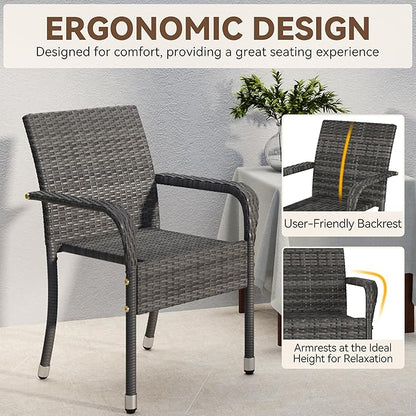 Yaheetech Set of 6 Stackable Outdoor Rattan Dining Chairs, All-Weather Armchair w/Armrests, Steel Frame for Garden, Patio, Deck, Yard, Poolside Gray