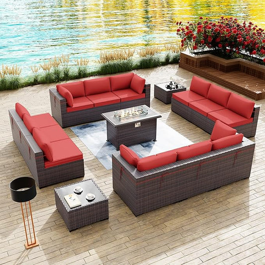 Kullavik 15 Pieces Outdoor Patio Furniture Set with 43" 55000BTU Gas Propane Fire Pit Table PE Wicker Rattan Sectional Sofa Patio Conversation Sets,Red