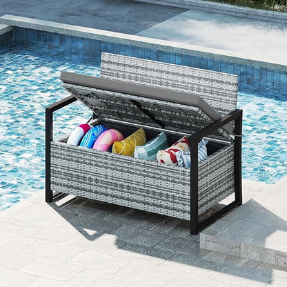 RELAX4LIFE Wicker Outdoor Bench with Storage - Rattan Deck Box w/Protective Liner for Pillows, Pool Supplies, Garden Tools, Patio Loveseat with Seat Cushion & Metal Armrests for Backyard Porch Balcony