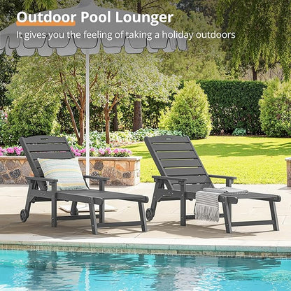 LUE BONA Outdoor Chaise Lounge Chairs Set of 4, HDPS Chaise Lounger, 5 Positions Adjustable Lounge Chairs, Pool Lounge Chair with Wheels for Poolside, Dark Gray