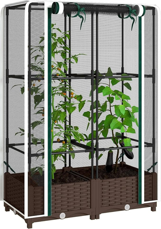 Outsunny Raised Garden Bed with Trellis, 46.5" Tomato Cage with Crop Cage, Self Watering Planter Box with Drainage Holes and Plugs for Outdoor Patio Climbing Plants, Vines, Vegetables, Flowers, White