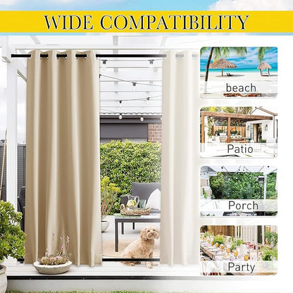 NICETOWN 2 Panels Outdoor Patio Curtains Windproof & Waterproof, Top & Bottom Grommet & Back Tab Light Blocking Drapes Keep Privacy for Yard/Porch with Ropes for Fixed, Biscotti Beige, W46 x L72