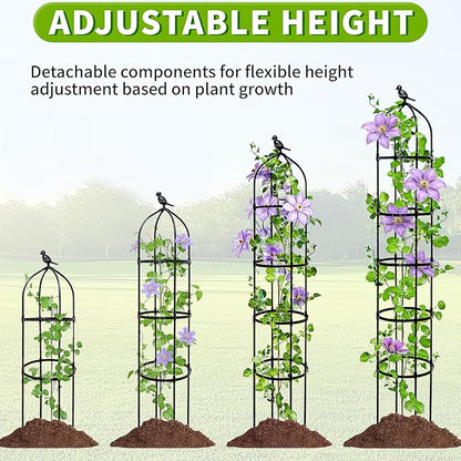 6.7FT Garden Obelisk Trellis for Climbing Plants,Adjustable 5-Tier Metal Plant Support,Rustproof Outdoor Plant Tower with 3 Decorative Tops for Roses,Tomatoes,Clematis & Vines,Black