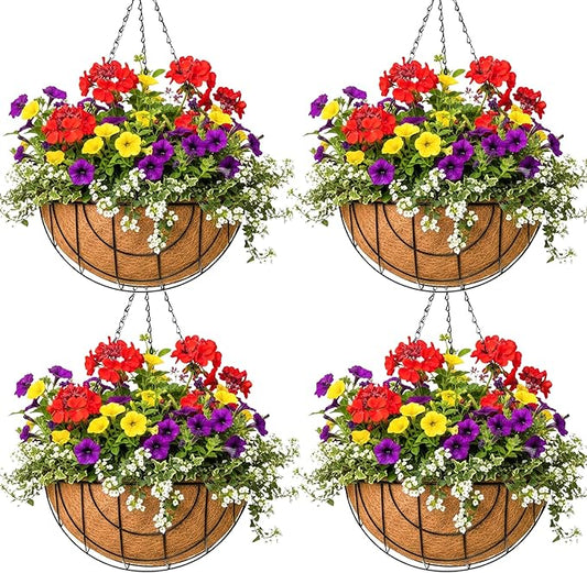 12 inch Metal Hanging Baskets for Plants Outdoor 4 Pack Round Metal Wire Hanging Basket Planter with Coco Fiber Liners Chain Round Wire Plant Holder for Garden, Patio, Deck, Outdoor(Grid)