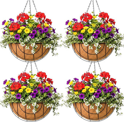 Metal Hanging Baskets for Plants Outdoor 4 Pack Round Metal Wire Hanging Basket Planter (Grid, 10 Inch)