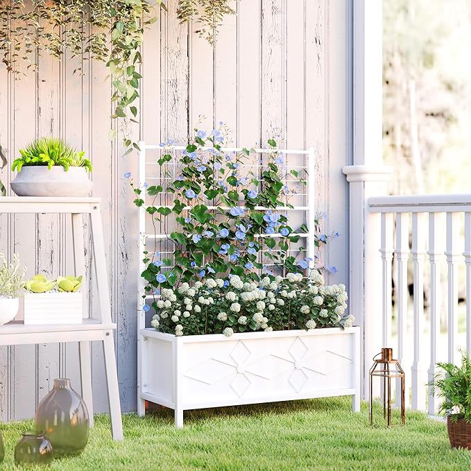 Outsunny Planter Box with Trellis, 35.4 x 15.7 x 47.2 inch Raised Garden Bed with Drainage Holes, Planters for Outdoor Plants, Vegetables, Flowers, Herbs, Trellis Planter, White