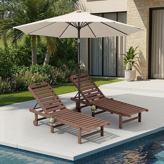 SERWALL Outdoor Chaise Lounge Set of 2 with 9FT Umbrella, HDPE Pool Lounge Chair with 5-Position Adjustable Backrest, Patio Lounger with Rolling Wheels & Cup Holder for Pool, Brown