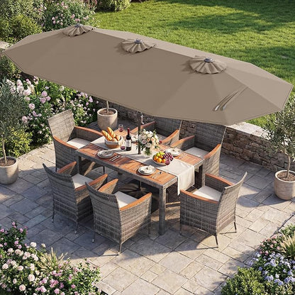 Tangkula 9 Pieces Rattan Outdoor Dining Set with 13Ft Solar Patio Umbrella for 6, Outdoor Wicker Table Set with 8 Cushioned Chairs, Acacia Wood Top, Outdoor Umbrella with Base Included