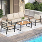 Patio Furniture Set, 4 Pieces Outdoor Furniture Patio Conversation Set with High Back, Faux-Wood Armrest and Tabletop, Outdoor Couch Patio Sofa Set for Balcony, Porch, Backyard, Beige