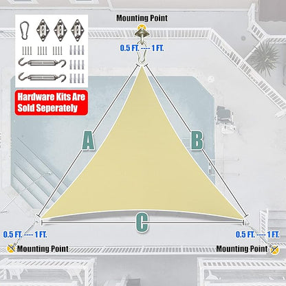 Amgo Custom Size 22' x 22' x 22' Beige Triangle Sun Shade Sail Order to Make Canopy Awning UPF50+ AGSLT, 95% UV Blockage, Water & Air Permeable, 200GSM Commercial Standard (We Customize)