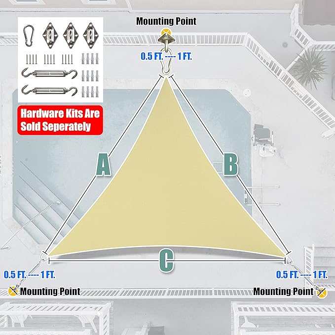 Amgo 16' x 16' x 16' Beige Triangle Sun Shade Sail Outdoor Canopy Awning UPF50+ AGTAPRT12, 95% UV Blockage, Water & Air Permeable, Commercial Standard Heavy Duty (We Make Custom Size)