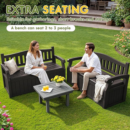 Greesum 80 Gallon Storage Bench Outdoor Deck Box with Armrest, Patio Furniture,Lockable, Waterproof and UV Resistant, Suitable for Garden, Pool, Brown