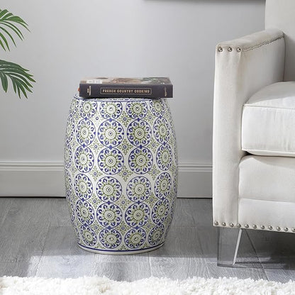 JONATHAN Y TBL1025A Lula 17.25" Suzani Ceramic Indoor/Outdoor Garden Stool, Blue/Green, Classic, Coastal, Bohemian, Traditional, Mediterranean, Cottage for Living Room, Garden, Outdoor, Home