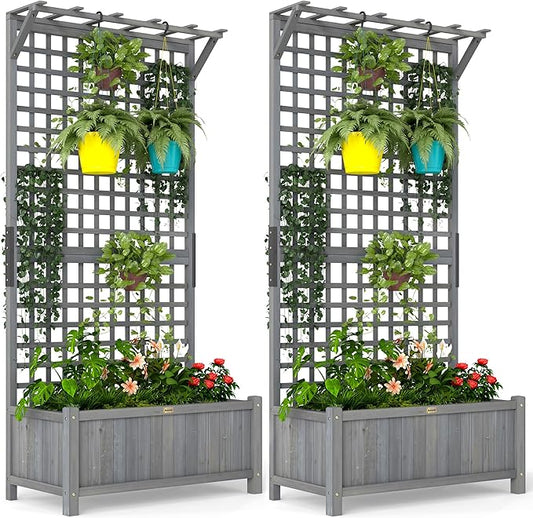 Outsunny Wood Planter with Trellis, Raised Garden Bed for Climbing Plants w/Drainage Holes and Roof, 35.5" x 17.75" x 72", Pack of 2, Dark Gray