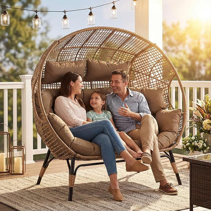 NICESOUL® Double Egg Chair Indoor Outdoor Stationary Oversized Thicken Padded Cushions,2 Person Egg Loveseat Chair, 680 lbs Extra Large Lounge Chair for Patio Balcony Porch Brown
