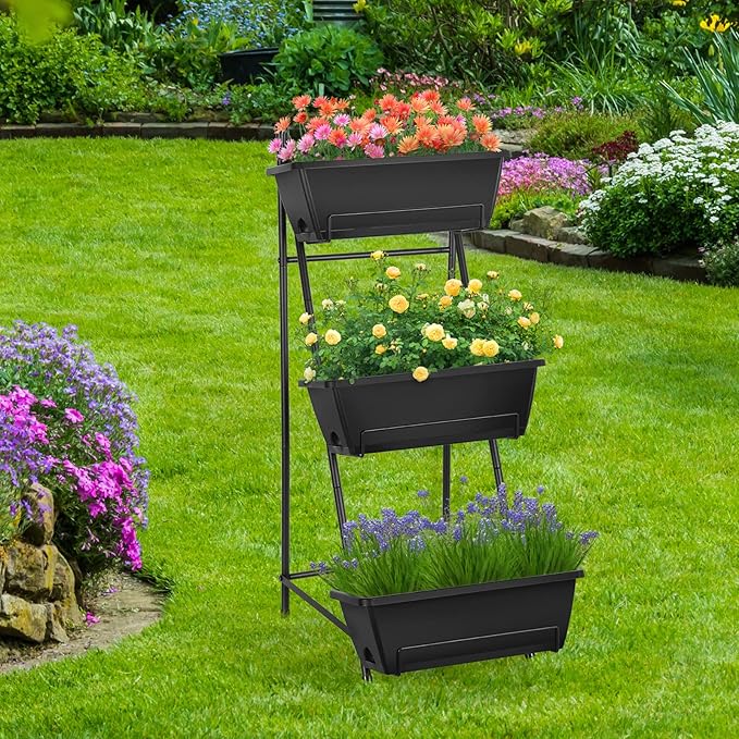 Vertical Raised Garden Bed 3 Tier Elevated Garden Planters Stand Up Garden Planter Box with Drainage Holes for Outdoor Indoor Plants Herbs Flowers Vegetables Black