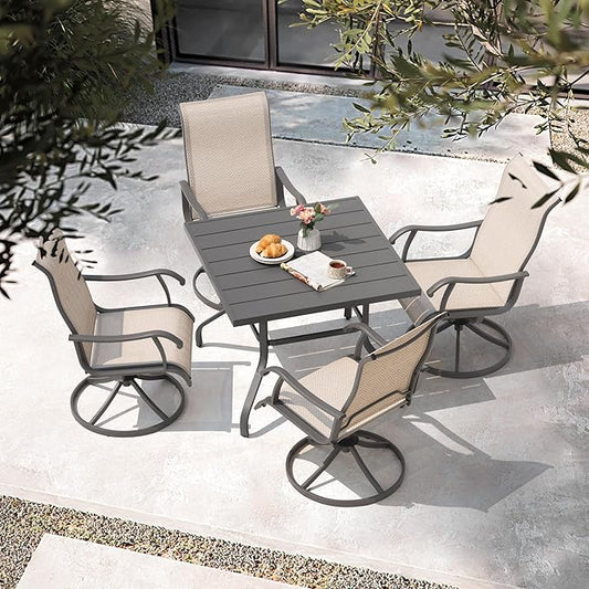 NUU GARDEN 5-Piece Outdoor Patio Dining Set, Slatted 37’’ Square Table with Umbrella Hole and 4 Patio Swivel Textilene Chairs, All Weather Patio Furniture Set for Porch, Backyard, Garden, Poolside