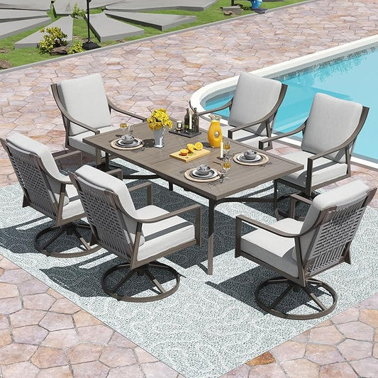 NATURAL EXPRESSIONS 7 Piece Patio Dining Table Outdoor Furniture Set for 6, 6Pcs Swivel Patio Dining Chairs with Olefin Cushions, 65”Large Dining Table with Umbrella Hole