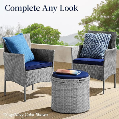 Best Choice Products Round Wicker Ottoman, Multipurpose Outdoor Furniture for Patio, Backyard, Additional Seating, Footrest, Side Table w/Storage, Removable Cushions – Gray/Cream
